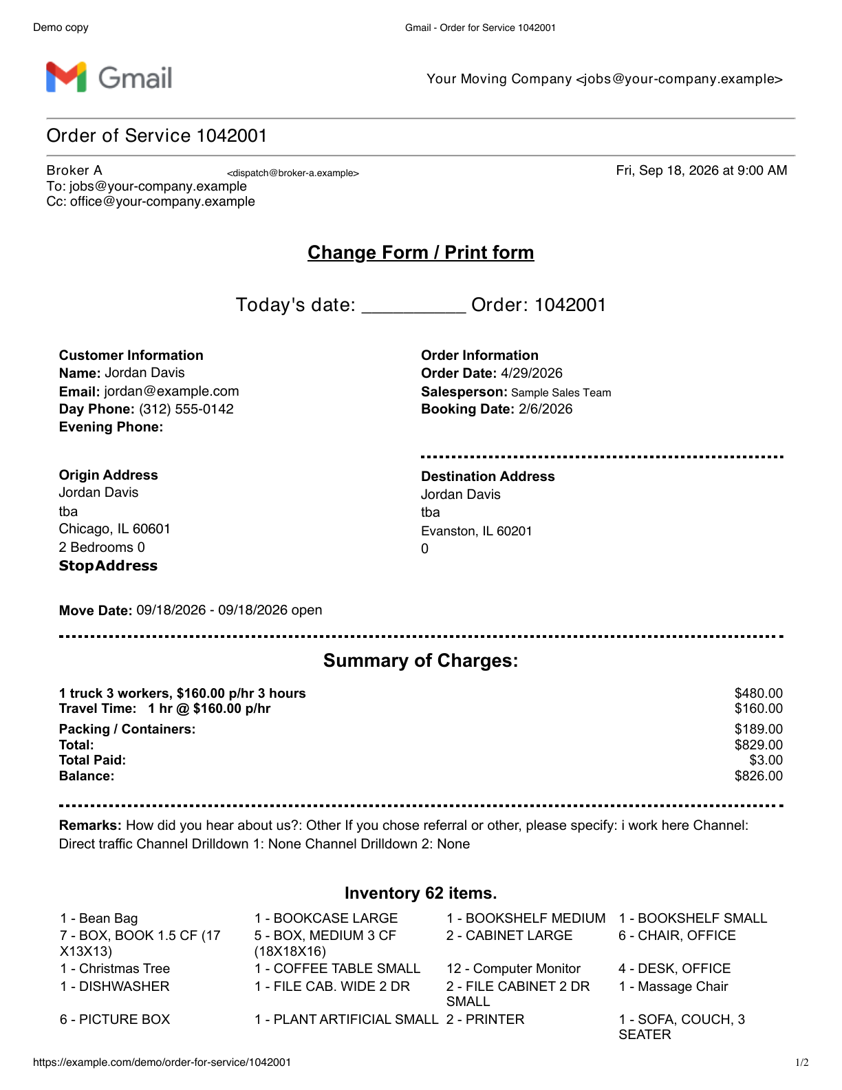 The existing Order for Service PDF attached to the email